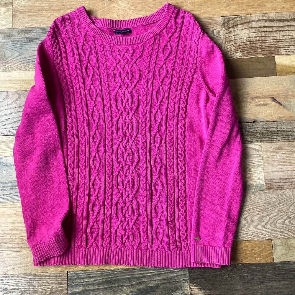 Tommy Hilfiger Women's XL Hot Pink Cable Knit Cotton Sweater Crewneck